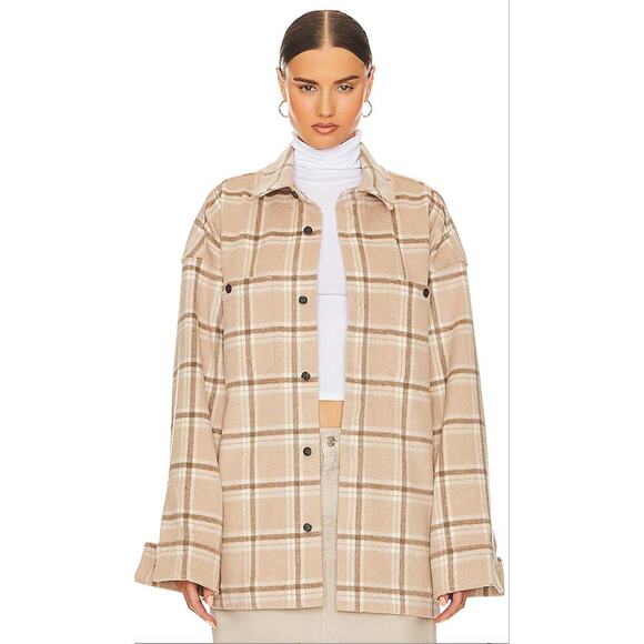 Helsa Jackets & Blazers - HELSA Plaid Flannel Overshirt Tan Check Shacket Size S Button-Up Layering Piece
